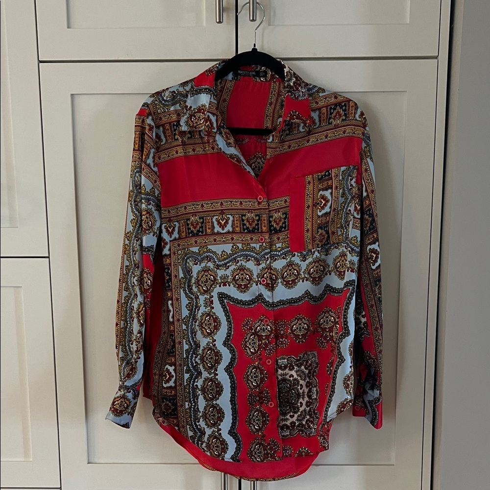 Nasty Gal Red and Brown Patterned Button Down Shirt